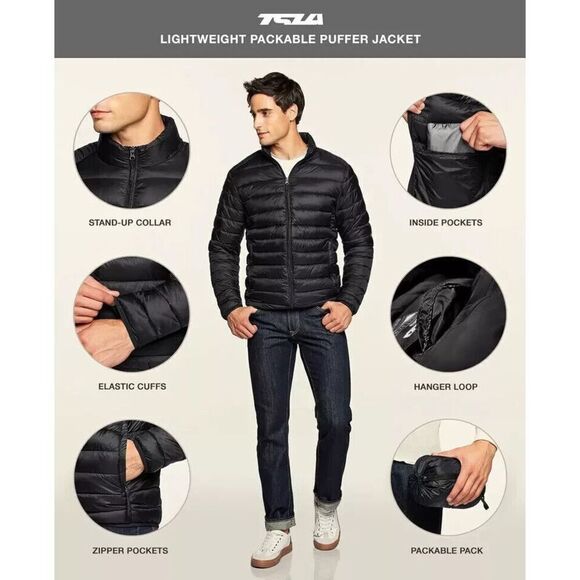 TSLA Men's Sz M Black Lightweight Packable Full Zip Accent Puffer Winter Jacket - Picture 12 of 16